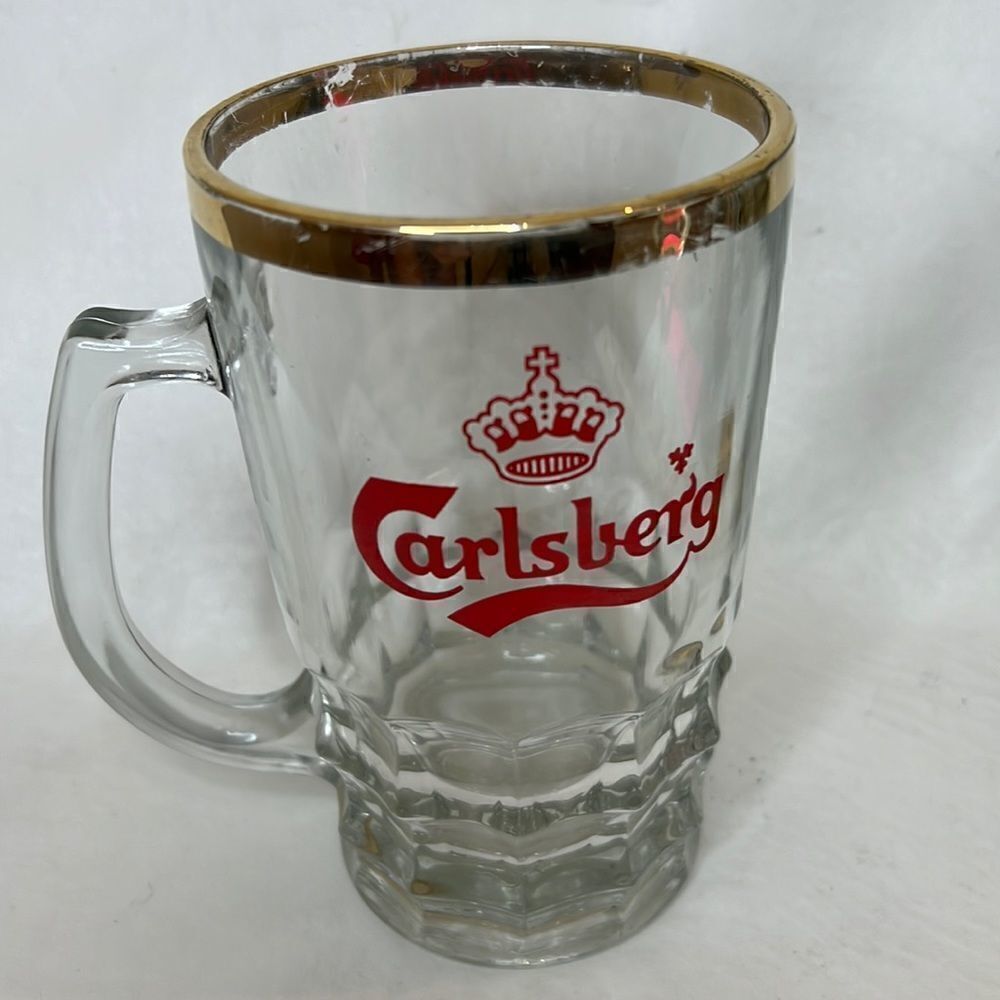 Carlsberg Beer Mug 18 Ounces Gold Rimmed England Stamped 3 1/2 Round 6 In Tall